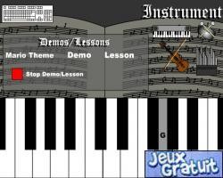 Vous allez pouvoir apprendre à jouer de 4 instruments de musique sur une partition de mario.
cliquez sur démo et vous pourrez écouter le morceau. cliquez sur lesson et suivez les notes en cliquant sur les touches du piano après avoir choisi l'instrument désiré