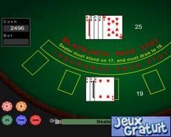 Le but du black jack est de faire sauter la banque en obtenant plus que lui avec les cartes.
si tu dépasses 21 tu perds ce que tu as misé. si tu as 21 et moins il faut voir c que la banque a tu gagnes si tu bats la banque. voilà réfléchir et jouer