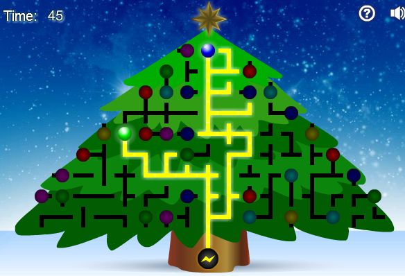 Illuminez l'arbre de noël en reliant toutes les ampoules. 
avec la souris, cliquez sur les connexions et les ampoules pour les faire pivoter et les relier entre elles.