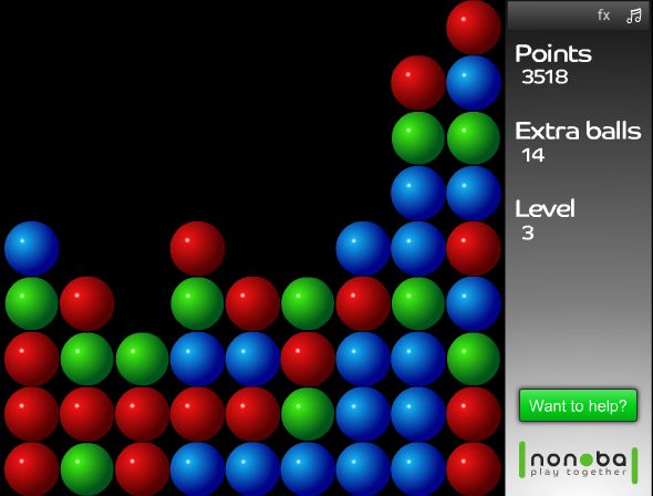 Vous devez éliminer les boules en cliquant sur des groupes dune même couleur (2 boules minimum). les boules sont en surbrillance au passage de la souris si elles peuvent être éliminées. plus les groupes sont importants et plus ils valent de points. a chaque tableau, vous obtenez 5 extra balles qui se cumulent au fur et à mesure. chaque boule non retirée en fin de tableau vous enlève une extra balle et des points. si vous dépassez le nombre maximal de boules non éliminées à la fin d'un tableau c'est perdu 