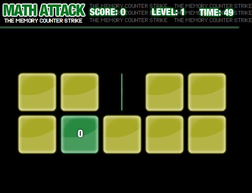 Math attack est un jeu de mémory un peu spécial! vous devez vider le tableau en cliquant sur deux cartes,puis si la paire est bonne elle disparait du tableau!
la petite difficulté c'est que pour retrouver la paire vous devrez tout d'abord effectuer l'opération indiquée, trouver la même égalité ou tout simplement le même chiffre!