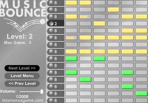 Music bounce est un savant mélange de jeux de rythme et de casse brique.chaque niveau se présente sous la forme de briques et de lance-balles ,le but est de lancer  les balles au bon endroit et au bon moment pour leur faire jouer de la musique en rythme.ce joue avec la souris!