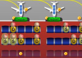 Dans ce jeu vous diriger une compagnie d'avion. 
tout ce joue à la sourie, il existe plusieur modes dont un mode histoire et arcade.
vous devez selectionner les petits personnages qui arrievnt au fur et à mesure dans votre aéroport et les mettre dans les avions. puis cliquer sur départ (devant l'avion) et selectionner la ville où vous voulez envoyer l'avion. les personnages portent l'initial de la ville où ils veulent aller ainsi que la couleur de cette ville.
lorsqu'un avion reviens d'une ville, prenez-le et amenez-le à un terminal vide. les passagers descendent tout seuls.
pour upgrader les avions, terminaux, tour de communication, snack, tableau d'affichage et hotesse, cliquer sur les petits dollar jaunes qui se trouvent dessus. 
pour acheter de nouveaux avions cliquer a droite en dessous de la carte sur l'avion.
pour acheter la seconde piste de décollage , cliquer sur le petit dollar jaune situé dessus.

bon jeu à tous ! 