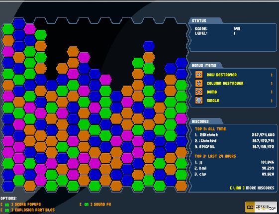 Cliquer sur les suites d'hexagones de même couleur pour les éliminer. pour vous aider à terminer le tableau, vous disposez des bonus que vous utiliserez en cliquant dessus (bonus items) et ensuite sur le plateau, avec votre souris bien entendu !