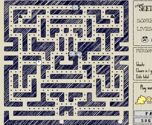 Vous devez faire avancer pac man dans le labyrinthe tout en gobant les points blanc.les chauves-souris vous donne pouvoir quelque instant et les têtes de morts vous enlèvent la vie....