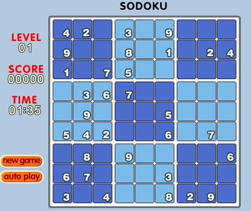 Complétez les grilles de sudoku !
chaque ligne, chaque colonne et chaque carré de 9 cases ne doivent comporter qu'une seule fois les chiffres de 1 à 9. 
cliquez dans une case de votre choix un carré avec les chiffres apparaît, cliquez sur celui que vous voulez poser. si ce n'est pas le bon il s'inscrira en dans une case noire. 