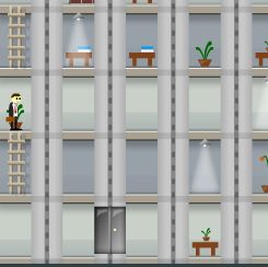 Mr jitters a une peur bleue des ascenseurs, aidez le à atteindre son bureau qui se trouve tout en haut de la tour. 
avec les flèches directionnelles, dirigez le vers les échelles pour grimper aux étages. vous avez un temps à respecter, indiqué sur la droite, et s'il se cogne ou se fait écraser, vous perdrez 3 secondes.