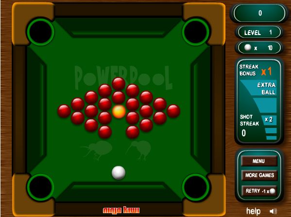 Vous allez pouvoir vous amuser avec cet exceptionnel jeu de billard !
vous avez trois sortes de tables à choisir au départ et le but, sur chacune d'elles est de marquer le plus de points possible en envoyant les balles rouges dans les trous et en faisant un maximum de combos.
cliquez sur la blanche puis sans lâcher, ajuster la puissance et la direction du tir, relâchez et surtout ne mettez pas la blanche dans les trous ! il y a 20 niveaux, tous plus attrayants les uns que les autres !

