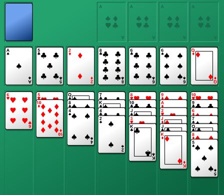 Ce jeu est une variante du solitaire.
le but est de reconstituer 4 piles par ordre croissant en commençant par l'as dans les cases du haut à droite.
juste en dessous vous avez une rangée de cartes à déposer sur les 7 colones du dessous en alternant les couleurs par ordre décroissant ou bien sur sur les 4 cases du haut si vous avez un as. lorsqu'une colone est vide, vous pouvez poser uniquement un roi. cliquez sur le rectangle bleu pour une nouvelle distribution de cartes.